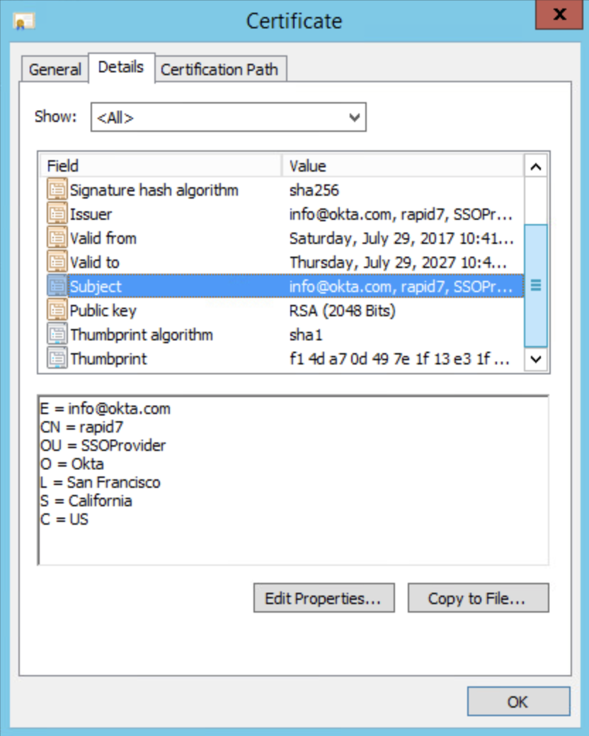 SAML certificate details