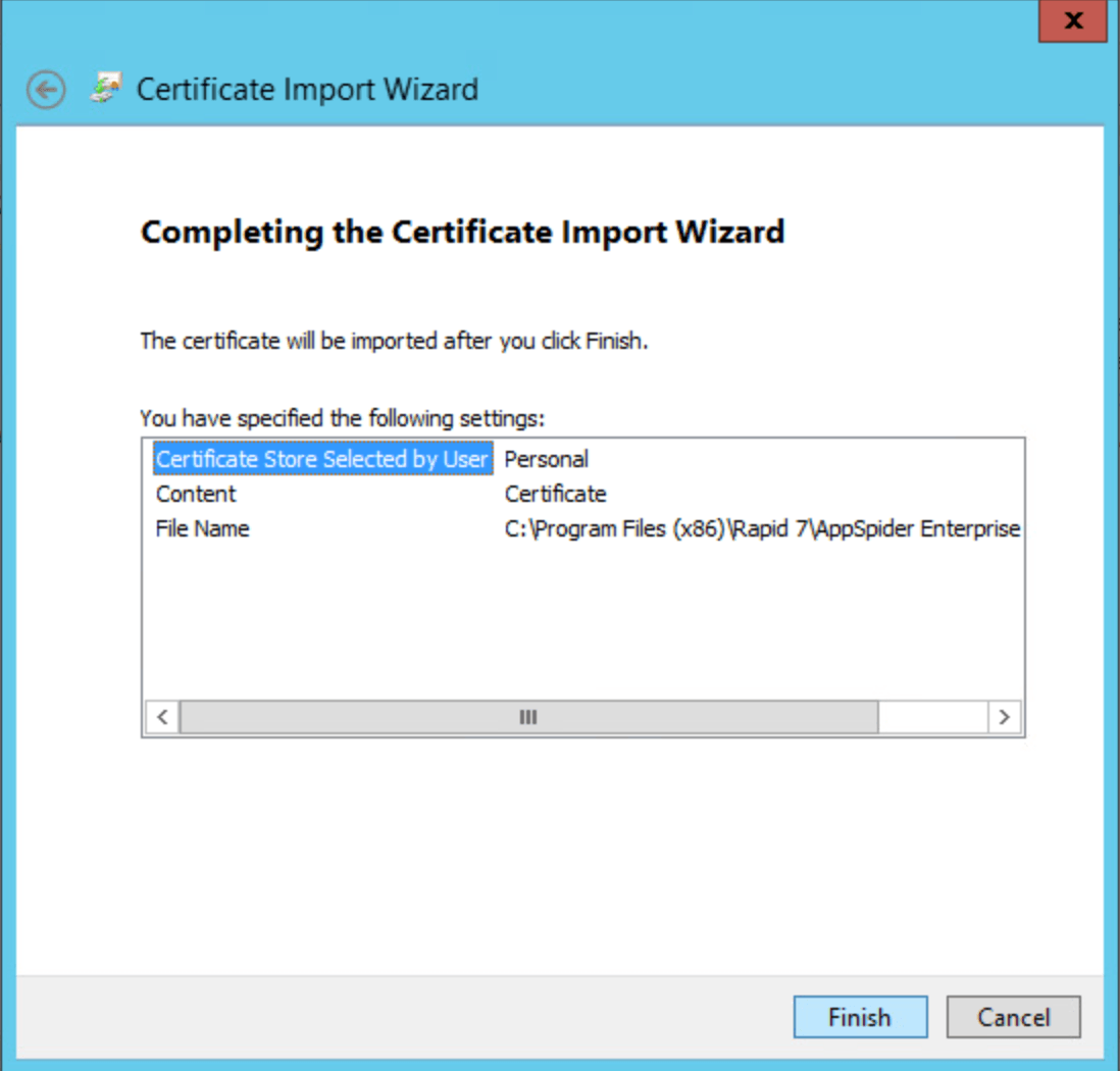 Finish button in Certificate Import Wizard window
