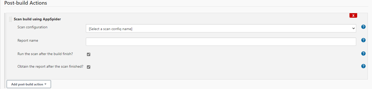 Scan build using AppSpider details on Post-build Actions screen