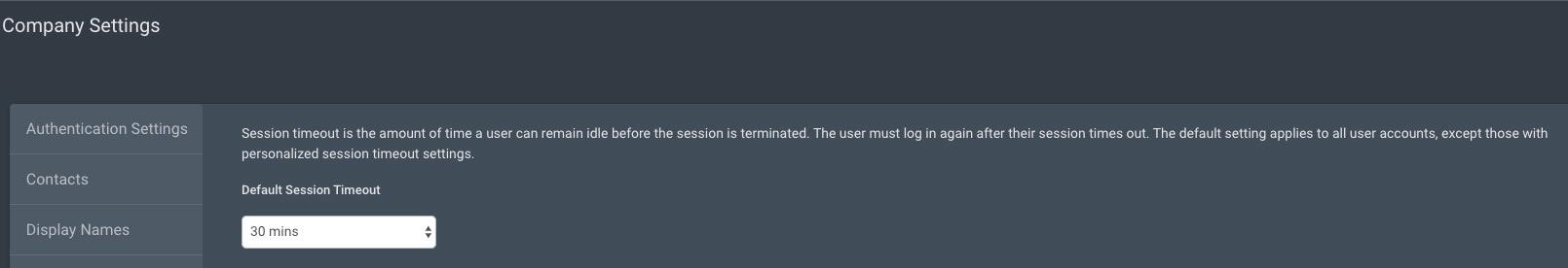 The Default Session Timeout setting on the Company Settings page