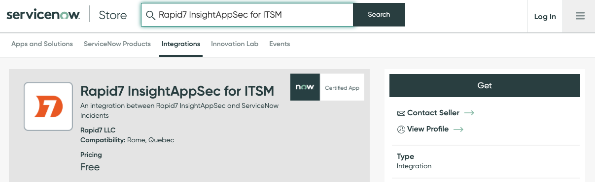 Rapid7 InsightAppSec for ITSM app in the ServiceNow app store