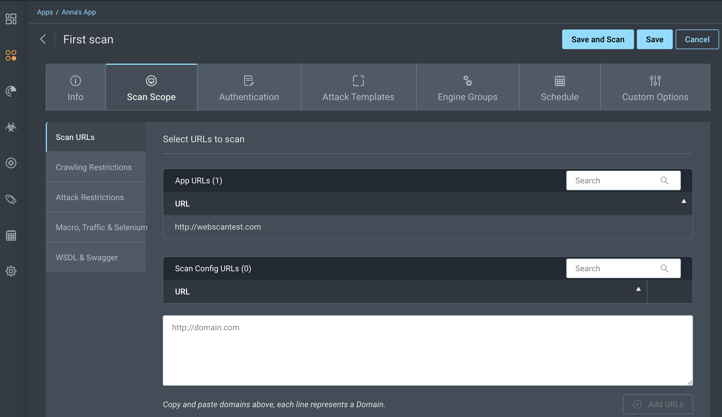 Scan configuration page