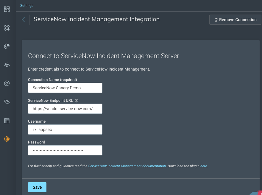 Connection details fields for the ServiceNow integration in InsightAppSec