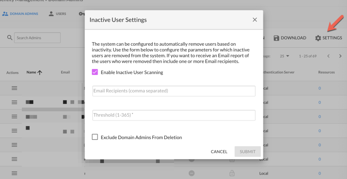 Inactive user settings