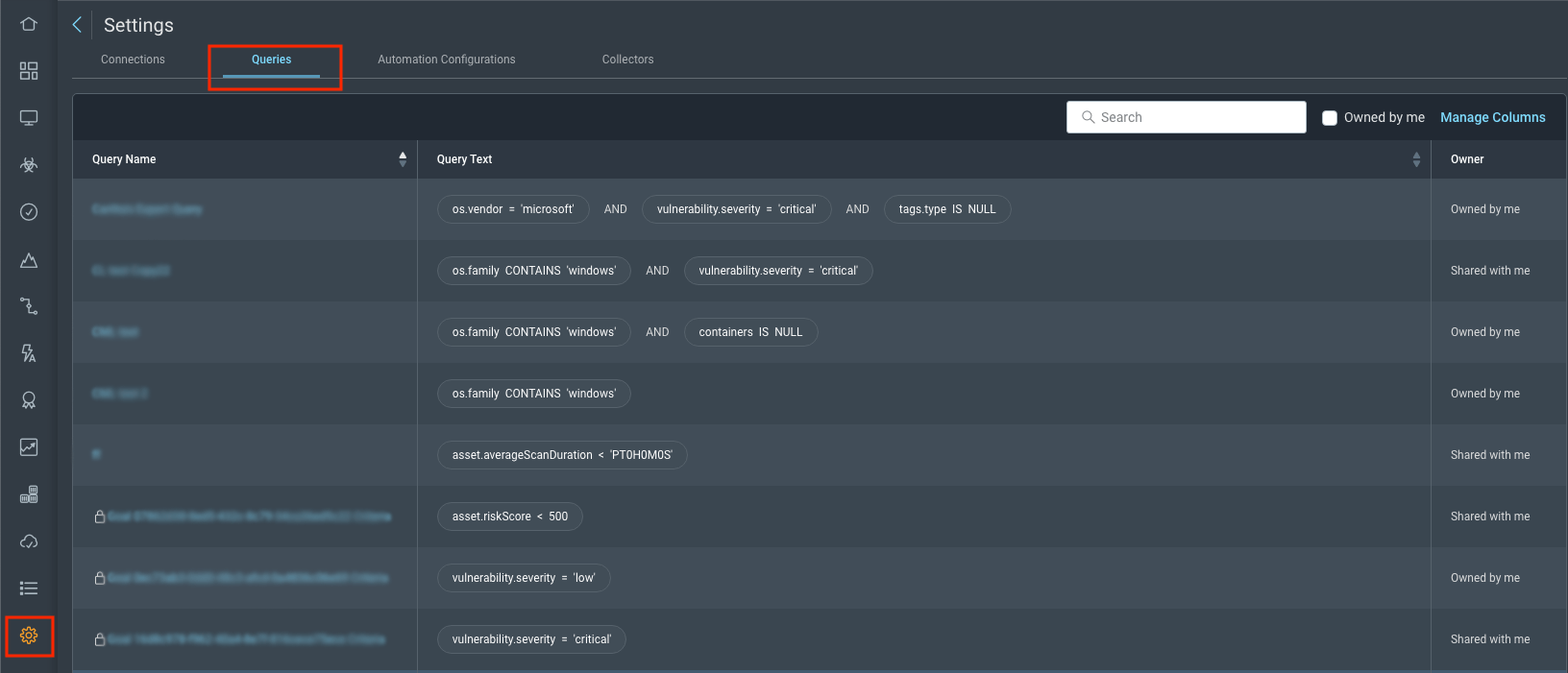 Example list of saved queries