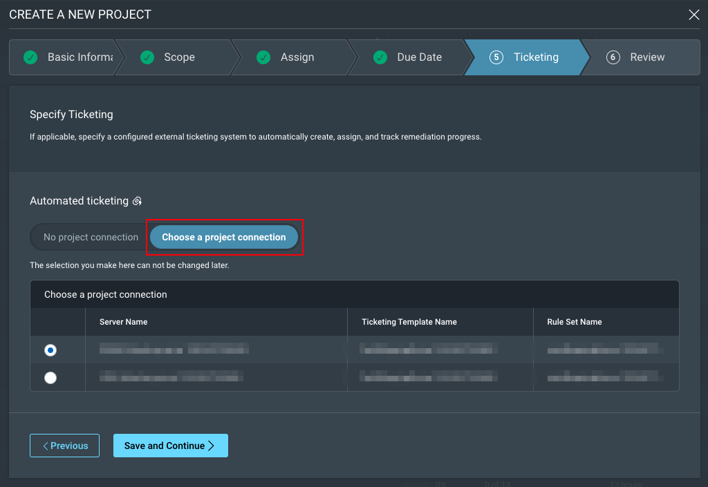 Set a ticketing connection on a remediation project