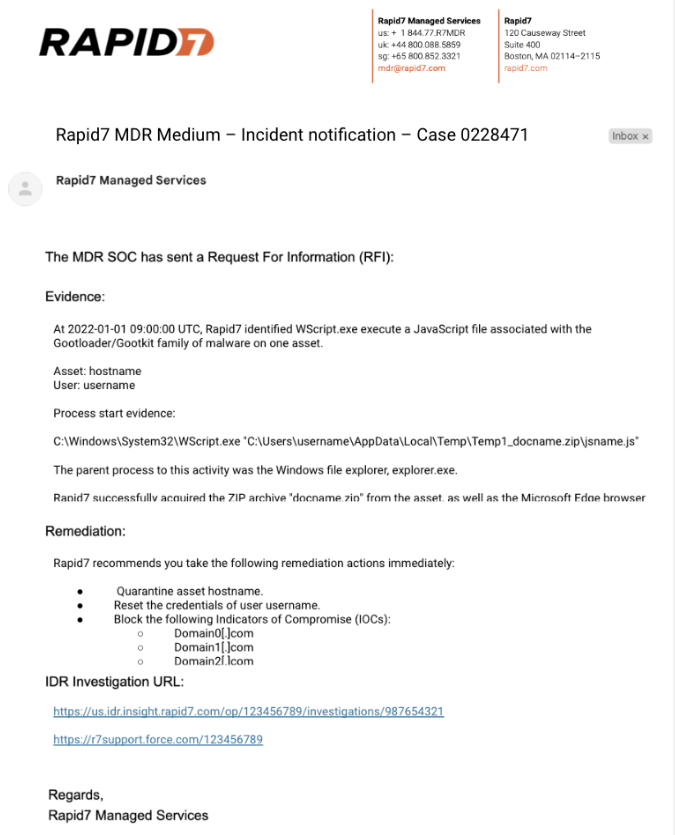 MDR Incident Notification Example