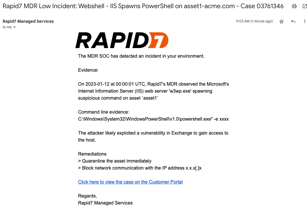 MDR Incident email notification