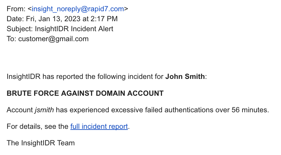 MDR Incident Alert notification