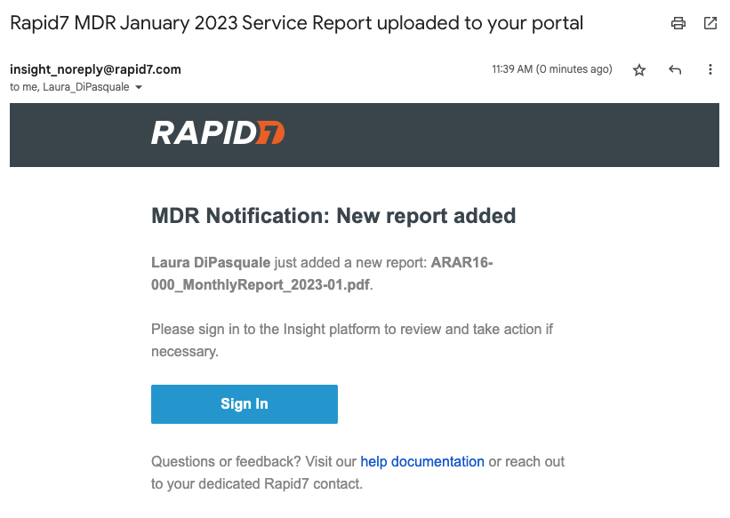 MDR Services Portal notification