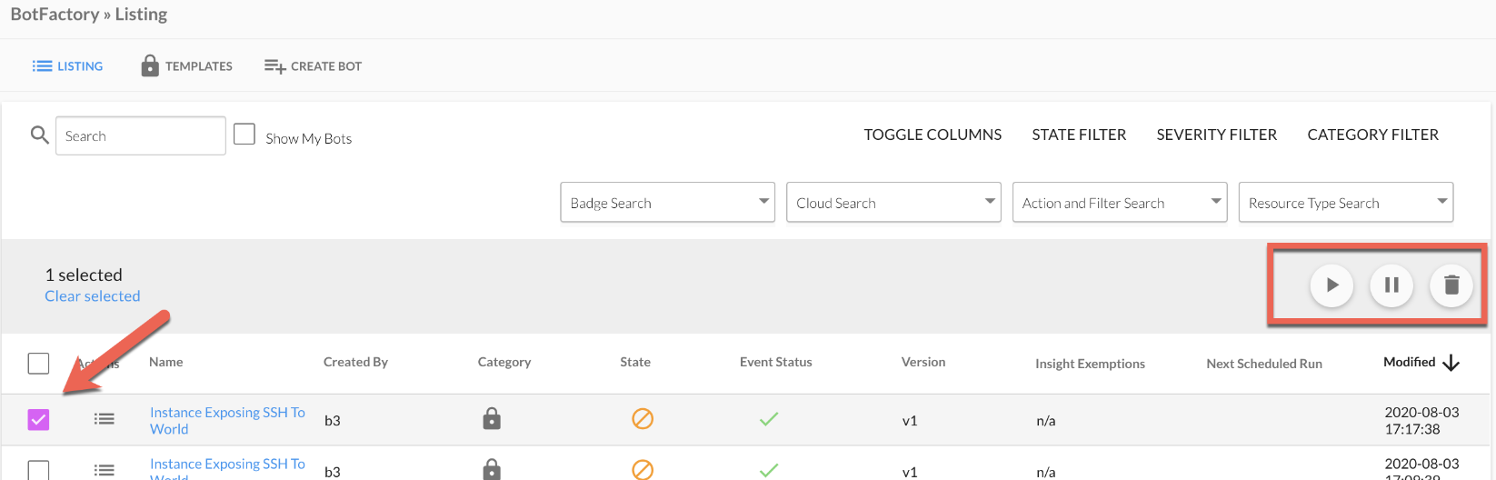 BotFactory Listing - Context Menu